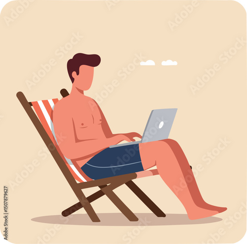 Man Working on Laptop Sitting on Beach Chair Summer Relaxation Vector Illustration 