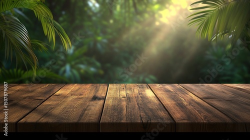 Serene Jungle Escape: Wooden Table in Lush Tropical Foliage