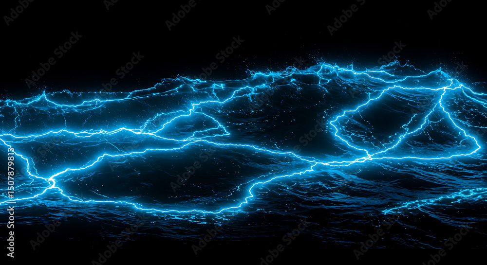 Fototapeta premium Abstract Blue Electric Lightning Bolts Over Dark Water Waves Background
