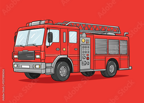 Illustration of a red fire truck with a ladder and hose, ready for action