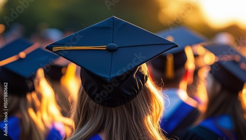 Graduation ceremony featuring graduates wearing caps and gowns at sunset