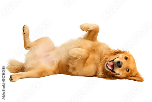Playful Golden Retriever Lying on Back, Happy Expression, transparent Background