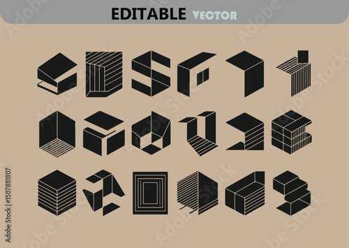 Collection of Black Isometric Geometric Shapes on a Beige Background Editable Vector Minimalist Design Abstract Forms Modern Art and Geometric Composition