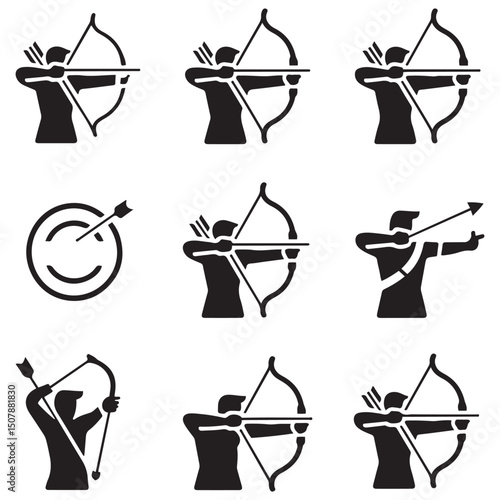 Long bow and arrow archery line art icon for games and websites, Vector black silhouette. with white background