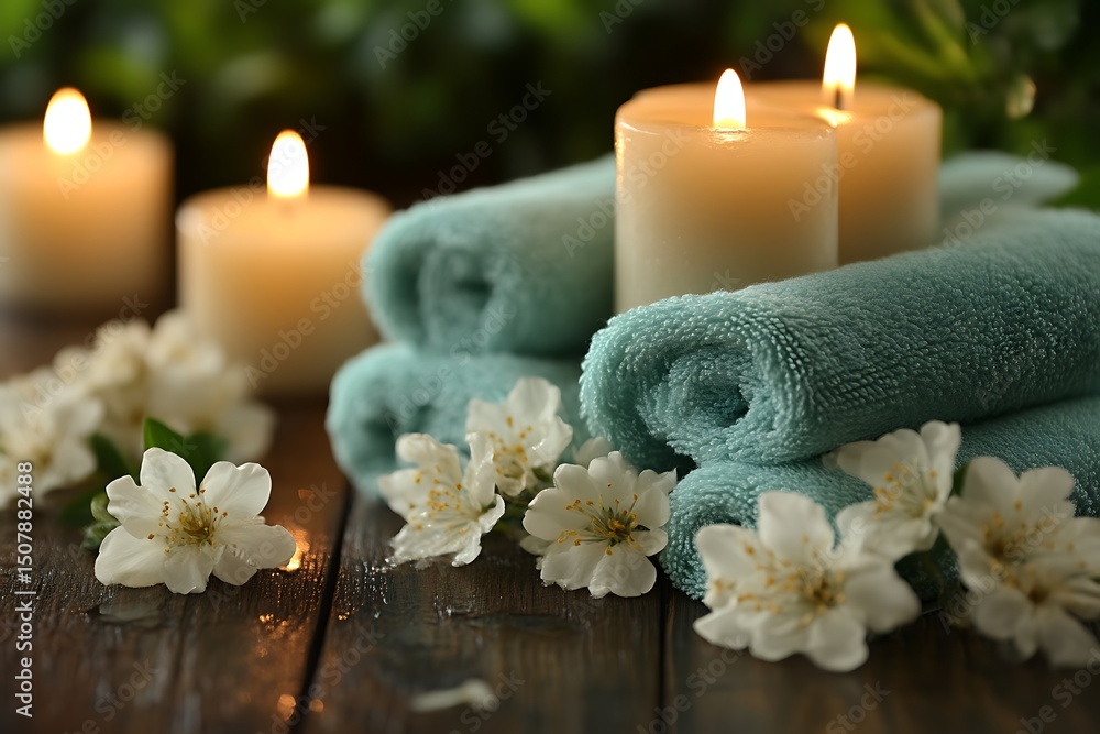 Rolled teal towels with candles and flowers on a wooden surface. Rolled teal towels with candles and flowers on a wooden surface.