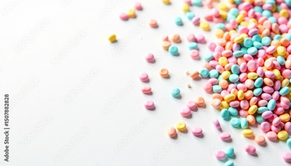 Pastel rainbow sprinkles on a white background, dessert, delicious, backgrounds Pastel rainbow sprinkles on a white background, dessert, delicious, backgrounds