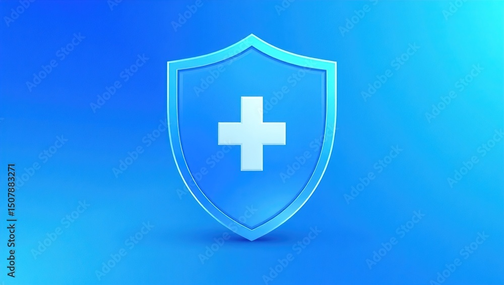 Obraz premium Glossy 3D light blue shield with white cross symbol on gradient blue background. Positioned right, reflective and clean. Minimalist design highlights themes of safety, health, protection.