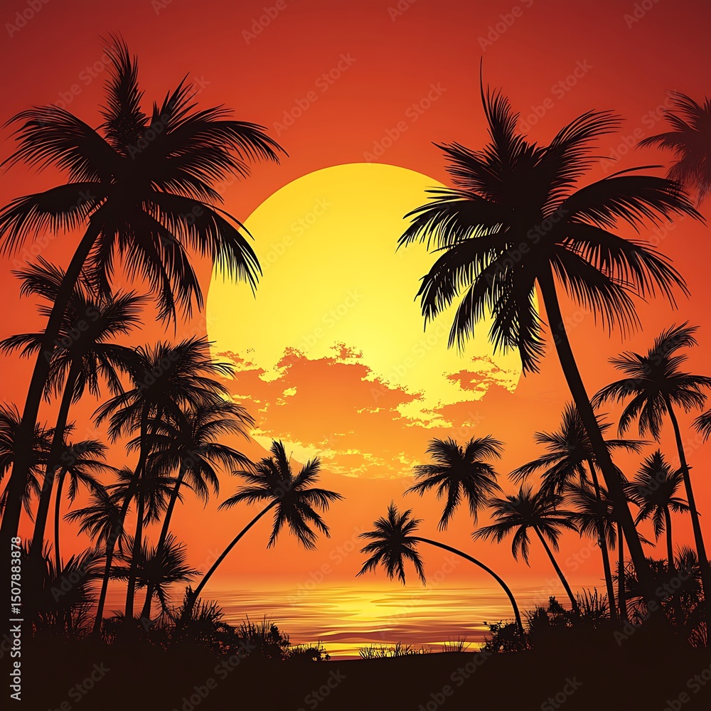 Silhouette palm trees at sunset over the ocean. Silhouette palm trees at sunset over the ocean.