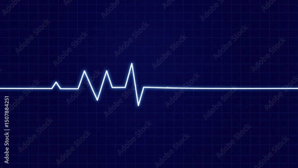 Stylized ECG line in glowing white on dark blue grid. Starts with oscillations, peaks, dips, then flatline. Clean, minimal layout. Subtle grid enhances the medical, technical theme.
Stylized ECG line in glowing white on dark blue grid. Starts with oscillations, peaks, dips, then flatline. Clean, minimal layout. Subtle grid enhances the medical, technical theme.