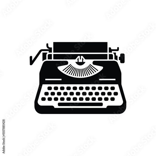 Vintage Typewriter Machine on a Transparent Background, Retro Keys, Black Silhouette