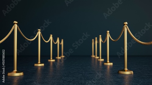A series of elegant golden stanchions with ropes, arranged in a row on a dark floor, creating a barrier or queue in a formal setting.