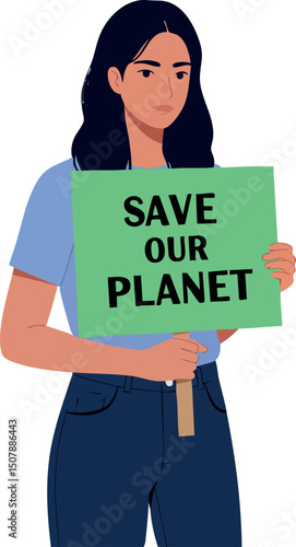 Woman holding save our planet sign environmental awareness illustration vector 