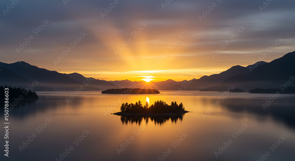 Serene Sunrise over Mountain Lake with Island Silhouette Golden Hour Landscape Serene Sunrise over Mountain Lake with Island Silhouette Golden Hour Landscape