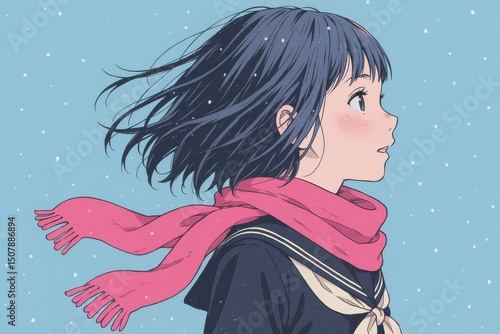冬の風景の中、マフラーをしたセーラー服の若い女性の横顔イラスト