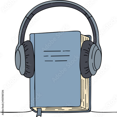 Book with headphones symbolizing audiobook concept in blue and grey colors vector illustration 