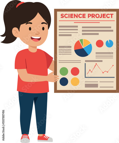Girl presenting science project poster with charts and graphs vector illustration 