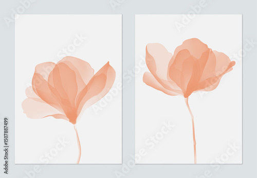 Floral wall art set, soft and translucent magnolia flowers in shades of peach...