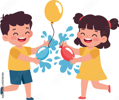 Children Playing with Water Balloons Summer Fun Vector Illustration of Boy and Girl Splashing Water 