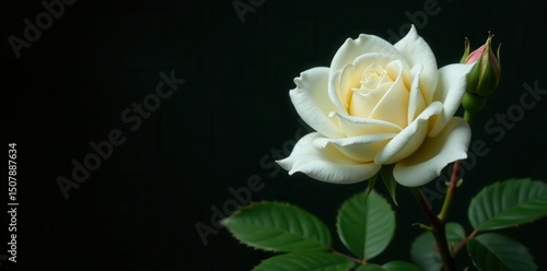 Delicate white rose blossom, unopened buds, vibrant green foliage against deep black , isolated, detail
