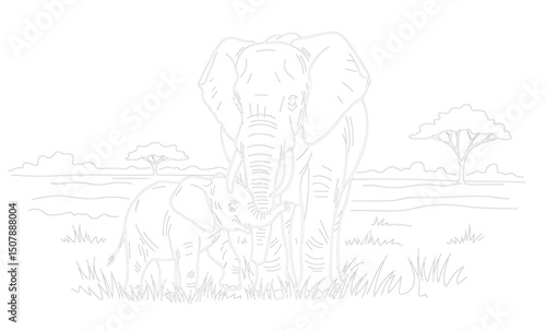 An exercise to paint a picture of a mother elephant and a child and the atmosphere surrounding a vector pattern.