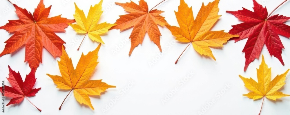Rustic autumn maple leaves arranged on clean white surface , nature, foliage, design element Rustic autumn maple leaves arranged on clean white surface , nature, foliage, design element