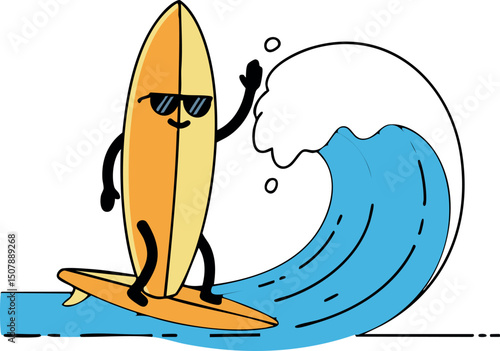 Surfboard character with sunglasses surfing blue wave vector illustration in summer scene 