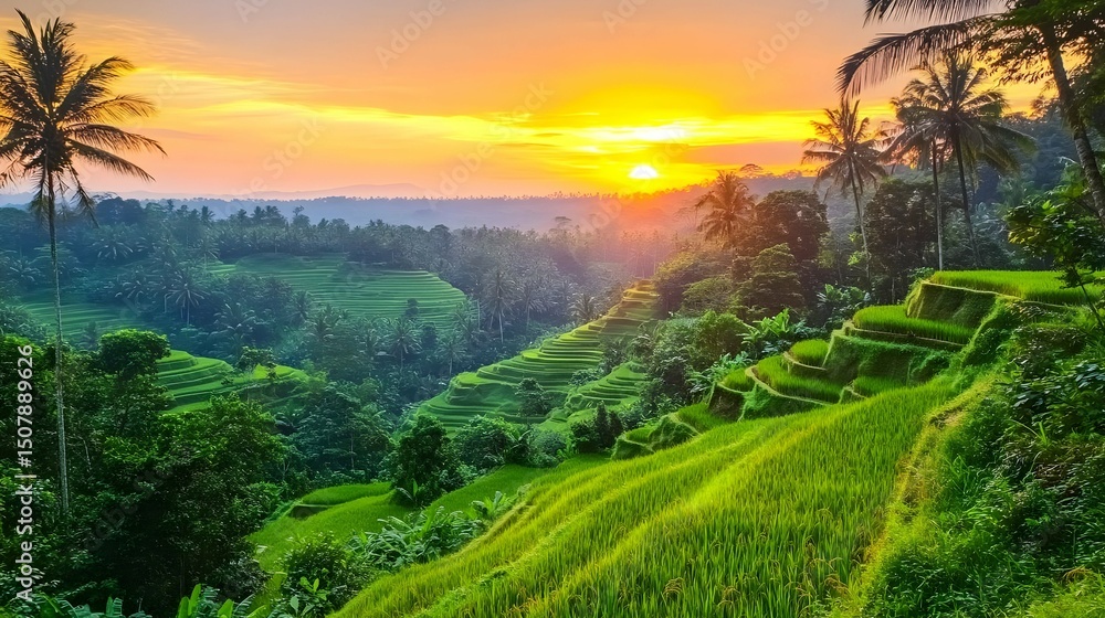 custom made wallpaper toronto digitalTerraced Rice Paddy Fields at Sunset with Dramatic Lighting and Verdant Greenery in a Beautiful Tropical Landscape at Golden Hour