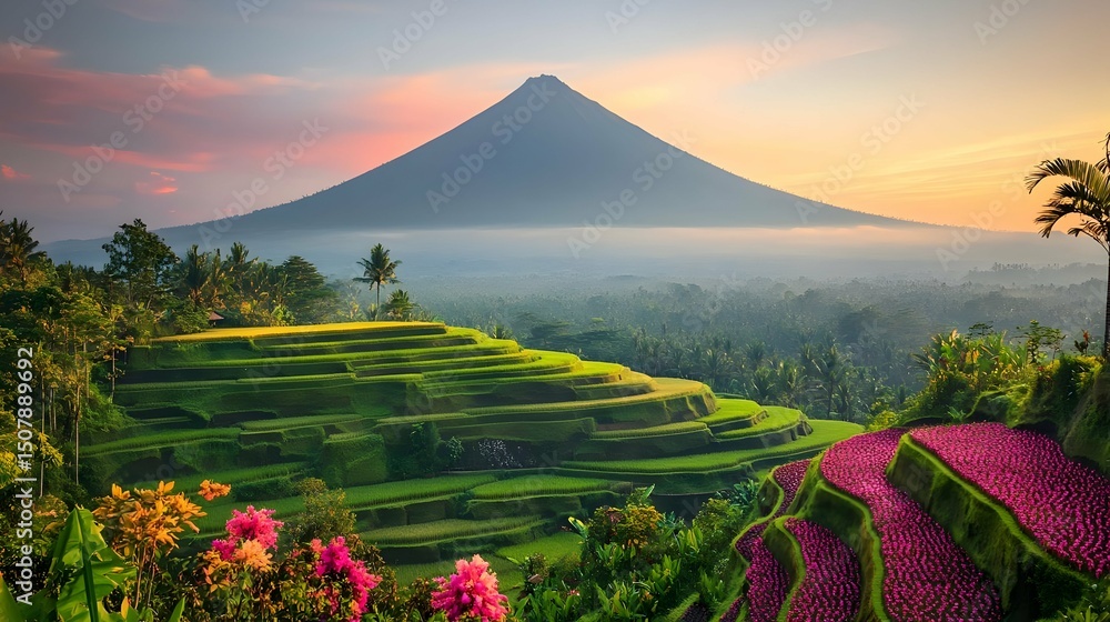 custom made wallpaper toronto digitalTranquil Rice Terraces With Towering Mountain Under Pink Sky Lush Greenery and Vibrant Flowers at Dawn
