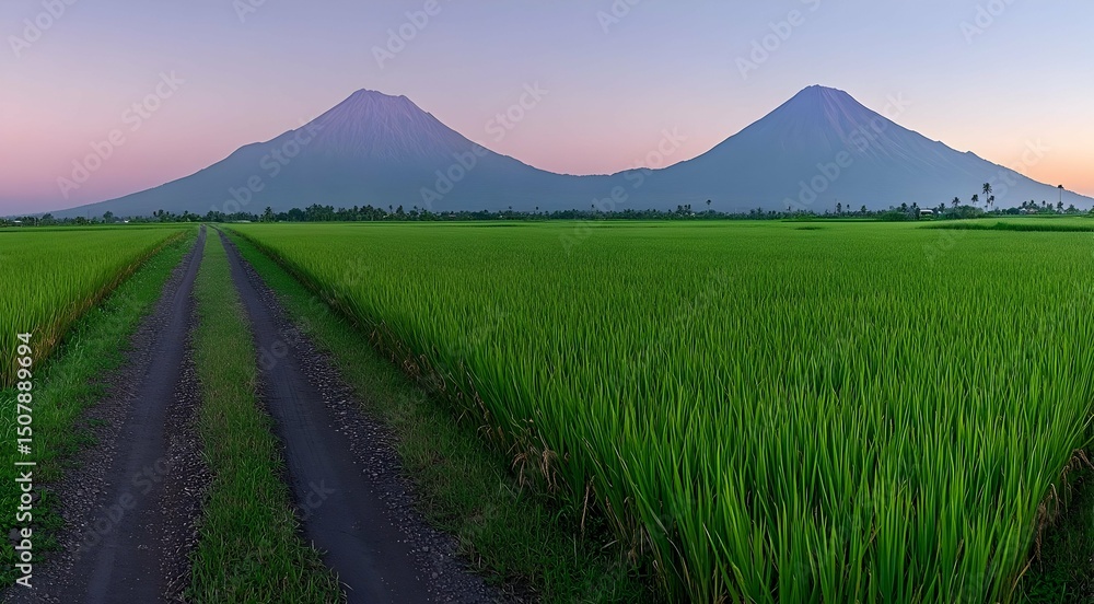 Fototapeta premium Vibrant Green Rice Field Leading to Majestic Twin Mountains Under a Gradient Sky at Sunrise