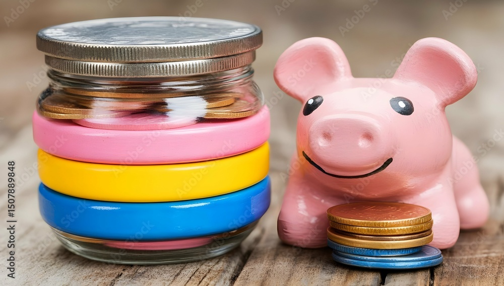 custom made wallpaper toronto digitalColorful Piggy Bank And Glass Jar Filled With Coins On Wooden Table