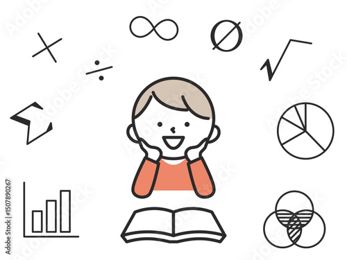 算数の勉強をする男の子のイラスト　笑顔で学ぶかわいい学習シーン