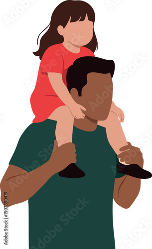 Father carrying daughter on shoulders in red dress family relationship vector illustration 