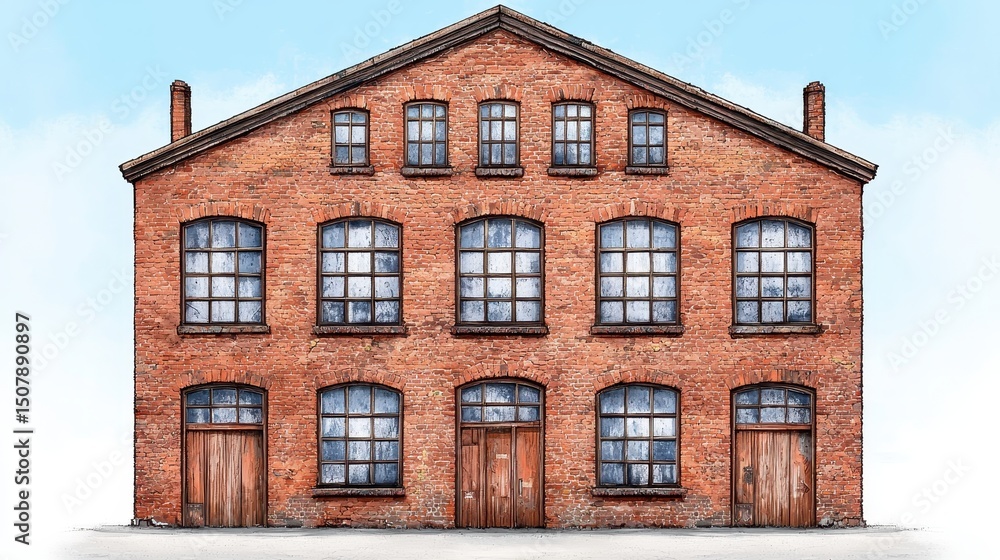 Fototapeta premium Aged Red Brick Building Exterior Under Clear Sky