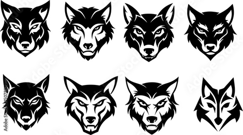 Wild wolf head icon set in flat design, suitable for digital logos, mobile apps, and brand kits.