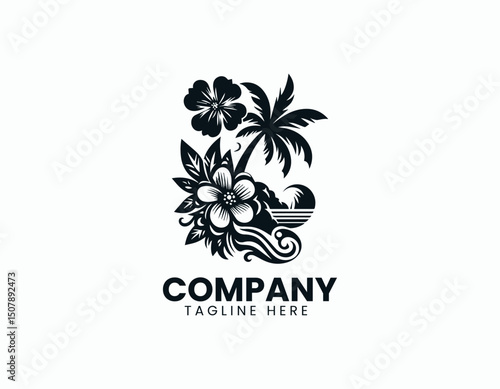 Stylish Hawaiian Flowers and Palm Trees Illustration Vector Logo Design