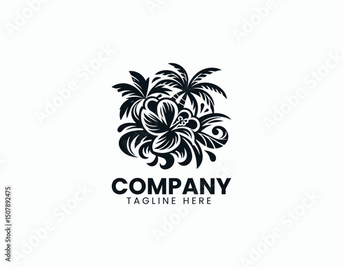 Stylish Hawaiian Flowers and Palm Trees Illustration Vector Logo Design