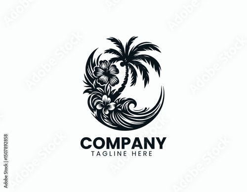 Stylish Hawaiian Flowers and Palm Trees Illustration Vector Logo Design