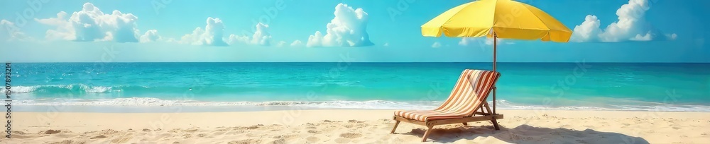 Obraz premium Relaxing beach scene featuring a striped deck chair and a vibrant beach umbrella providing shade on golden sand Perfect for summer vacation, travel, and holiday themes , outdoor, leisure