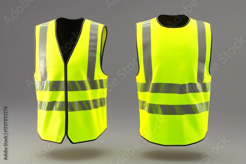 Two realistic 3d rendered high visibility safety vests with reflective stripes against a gray background