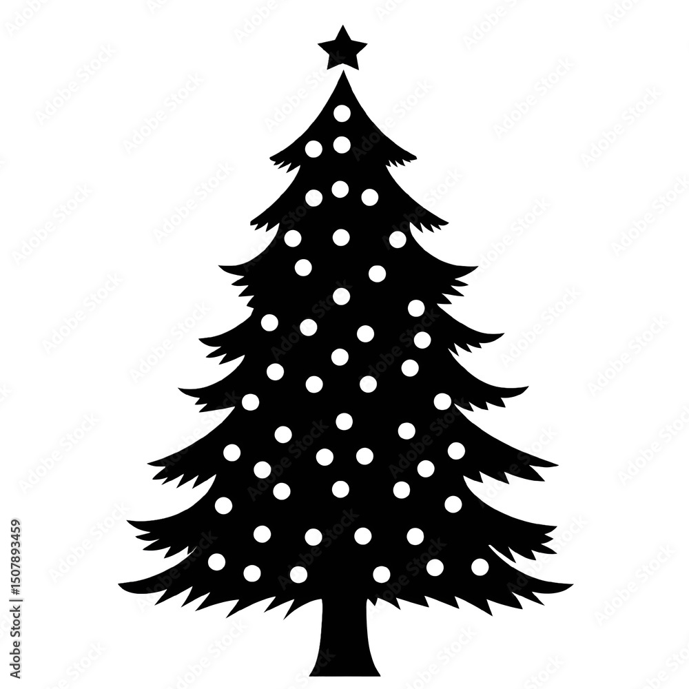 Fototapeta premium Simple christmas tree silhouette with polka dot decorations on white background