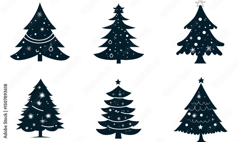 Obraz premium Six minimalist christmas tree silhouette designs with decorations and star on white background