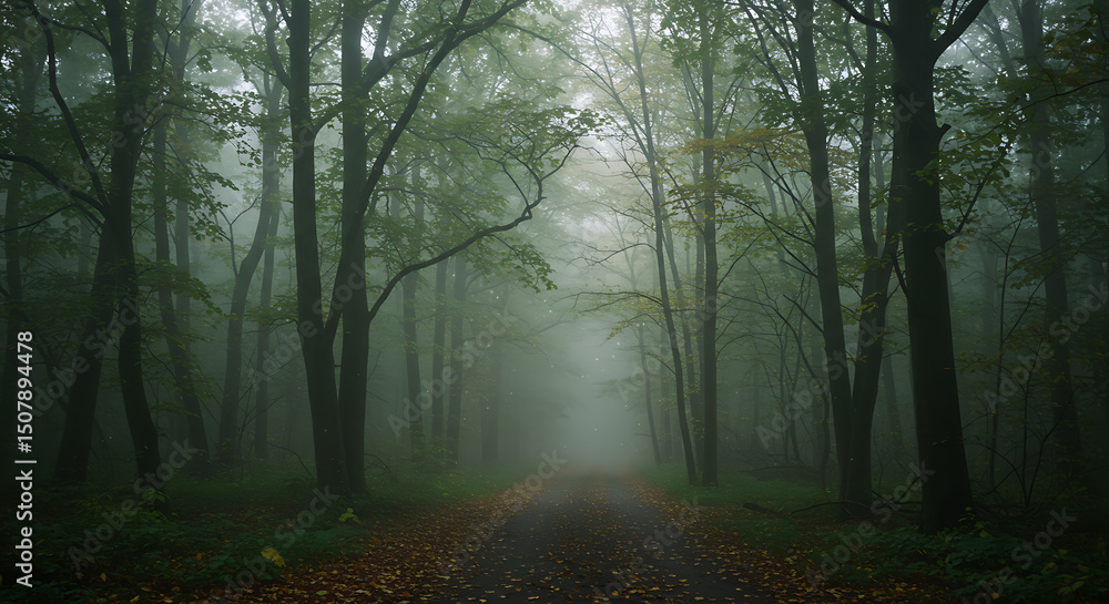 Mystical Foggy Forest Path Serene Autumn Woods Road Landscape Mystical Foggy Forest Path Serene Autumn Woods Road Landscape