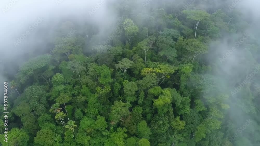 Aerial view of lush green rainforest canopy shrouded in mist Aerial view of lush green rainforest canopy shrouded in mist