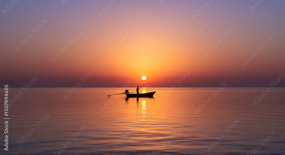 Fototapeta premium Serene Sunrise Seascape Fisherman in Small Boat at Golden Hour