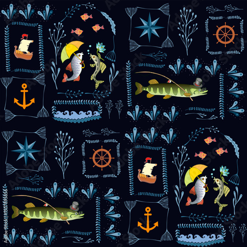 River Stories. Beautiful seamless pattern with cute cartoon river fish, sailboat, steering wheel, anchor, compass and seaweed frames on black background.