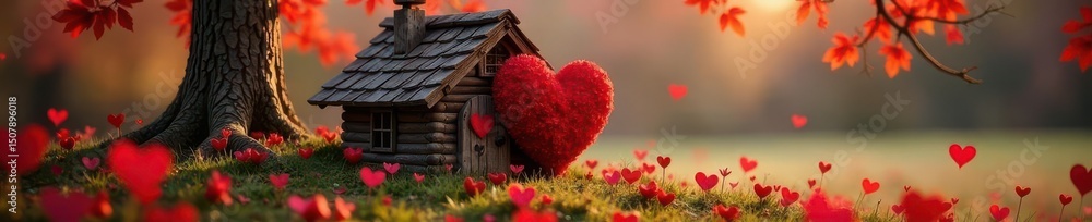 Rustic heart-shaped house, Valentine's Day love nest , anniversary, vintage Rustic heart-shaped house, Valentine's Day love nest , anniversary, vintage