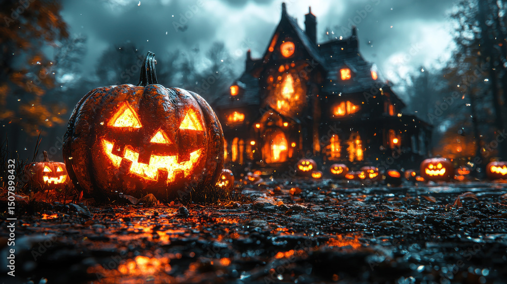 A 3D rendering captures a Halloween scene, dominated by jack-o'-lanterns, a menacing pumpkin house, and a shadowy, eerie forest at night, evoking a sense of spooky fun for the Halloween season,8k A 3D rendering captures a Halloween scene, dominated by jack-o'-lanterns, a menacing pumpkin house, and a shadowy, eerie forest at night, evoking a sense of spooky fun for the Halloween season,8k