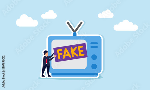 Businessman holding a fake sign near a television warning about fake or low quality news
