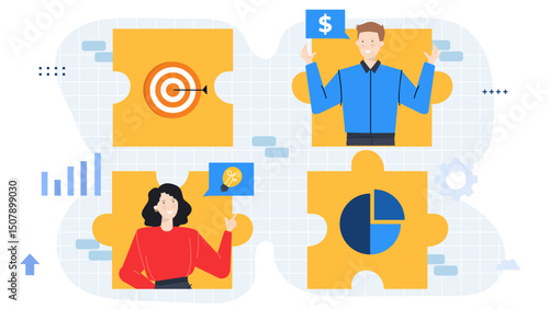 Business plan displaying icons and diverse people collaborating; suitable for presentations, reports, business websites, and marketing materials. Perfect for visualizing strategies.