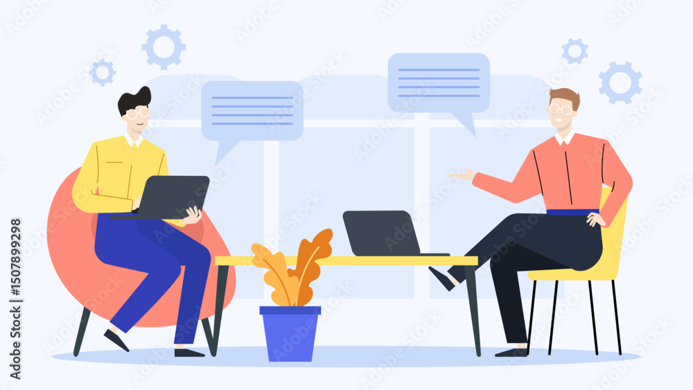 Fototapeta premium Two men working with laptops at a desk with a plant. Suitable for business articles, co-working spaces, technology websites.